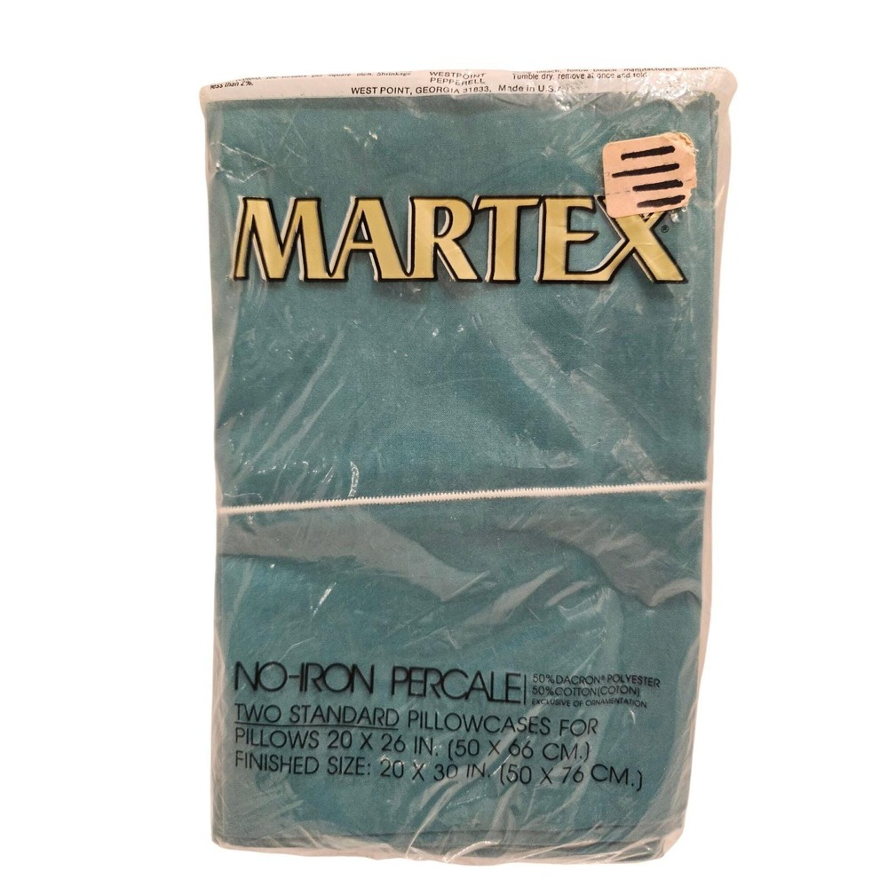 Vintage Martex Teal Green No-Iron‎ Percale Standard Pillowcases Set/2 USA NOS